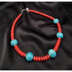 Desert Rose DTR Red Real Coral & Turquoise Beaded Necklace With 925 Sterling Sil